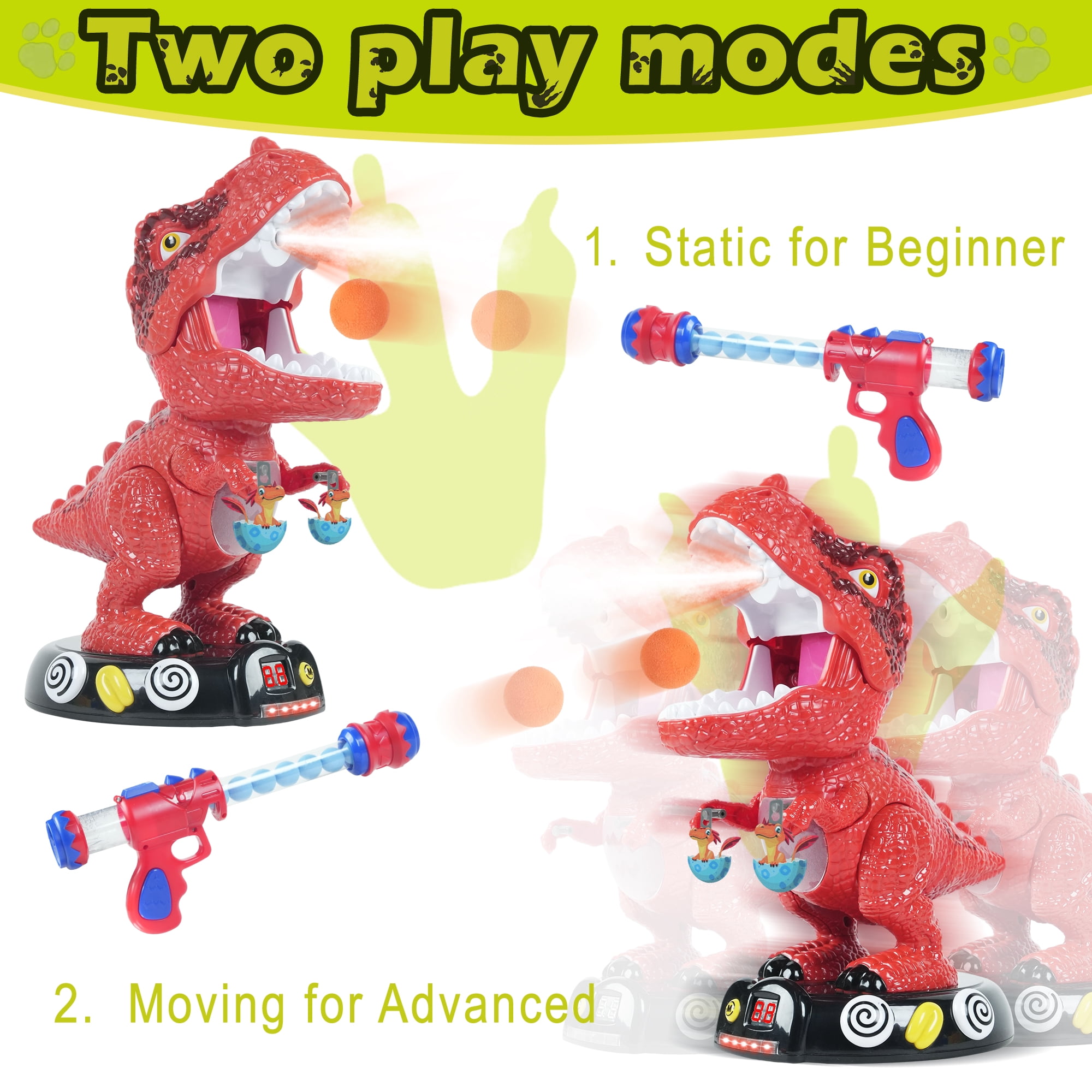 JUGAAD LIFE Dinosaur Shooting Toys for Kids, Movable Target Shooting Games with 2 Air Pump Blasters, 48 Foam Balls and LED Score, Birthday Gifts for 3 4 5 6 7 Years Old Boys - Orange