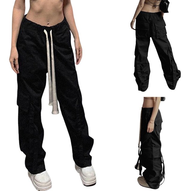 TRKIYQC Pantalones Cargo Negros para Mujer, Cintura Baja Casual Cordón Suelto Cintura Elástica Pantalones Holgados TRKIYQC moda