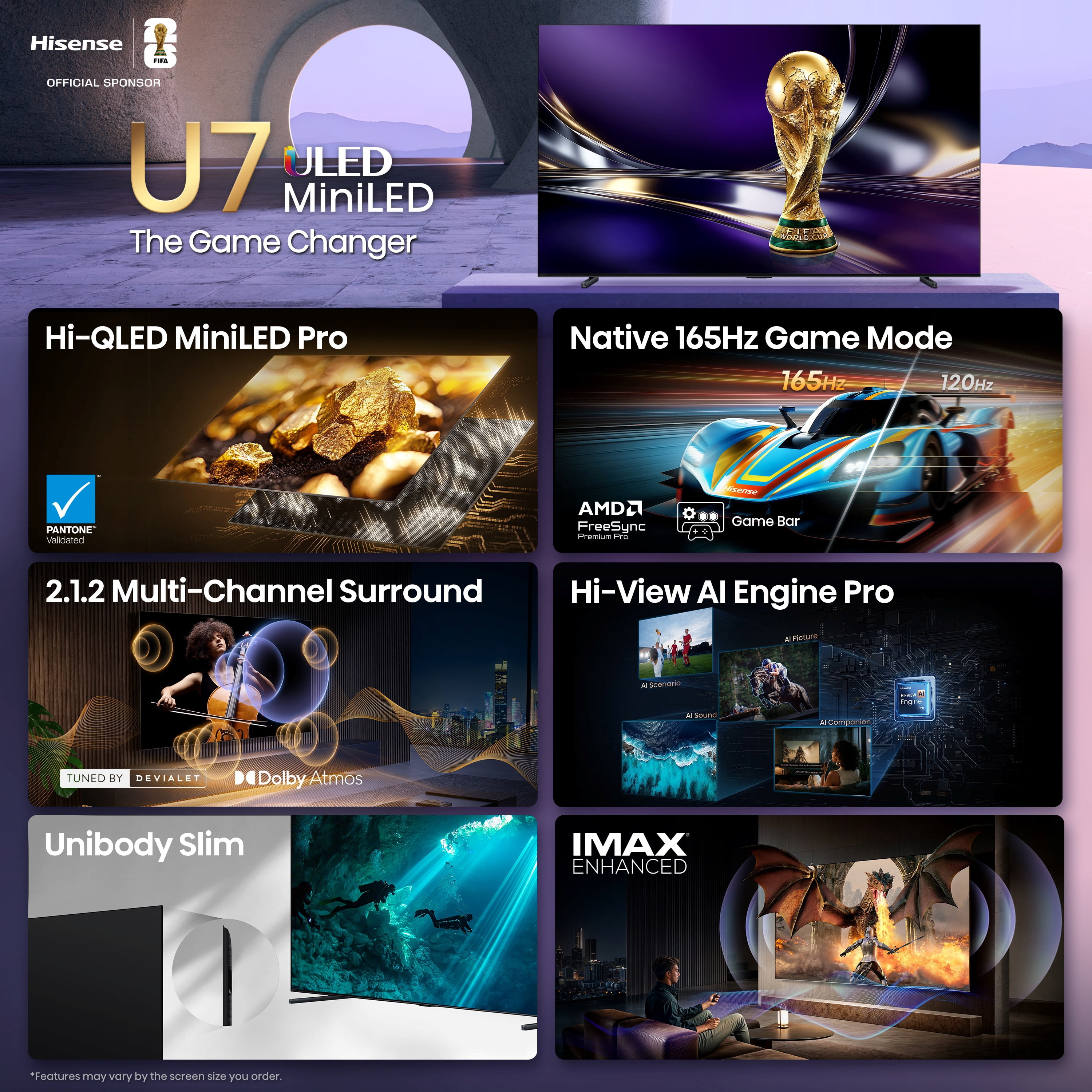 Hisense 100" U7 Mini-LED ULED 4K UHD Smart Google TV (100U7SG, 2026 Model) - Hi - QLED MiniLED , Native 165Hz, VRR 330, HDR10+, Dolby Vision, IMAX Enhanced, Hi-View AI Engine Pro