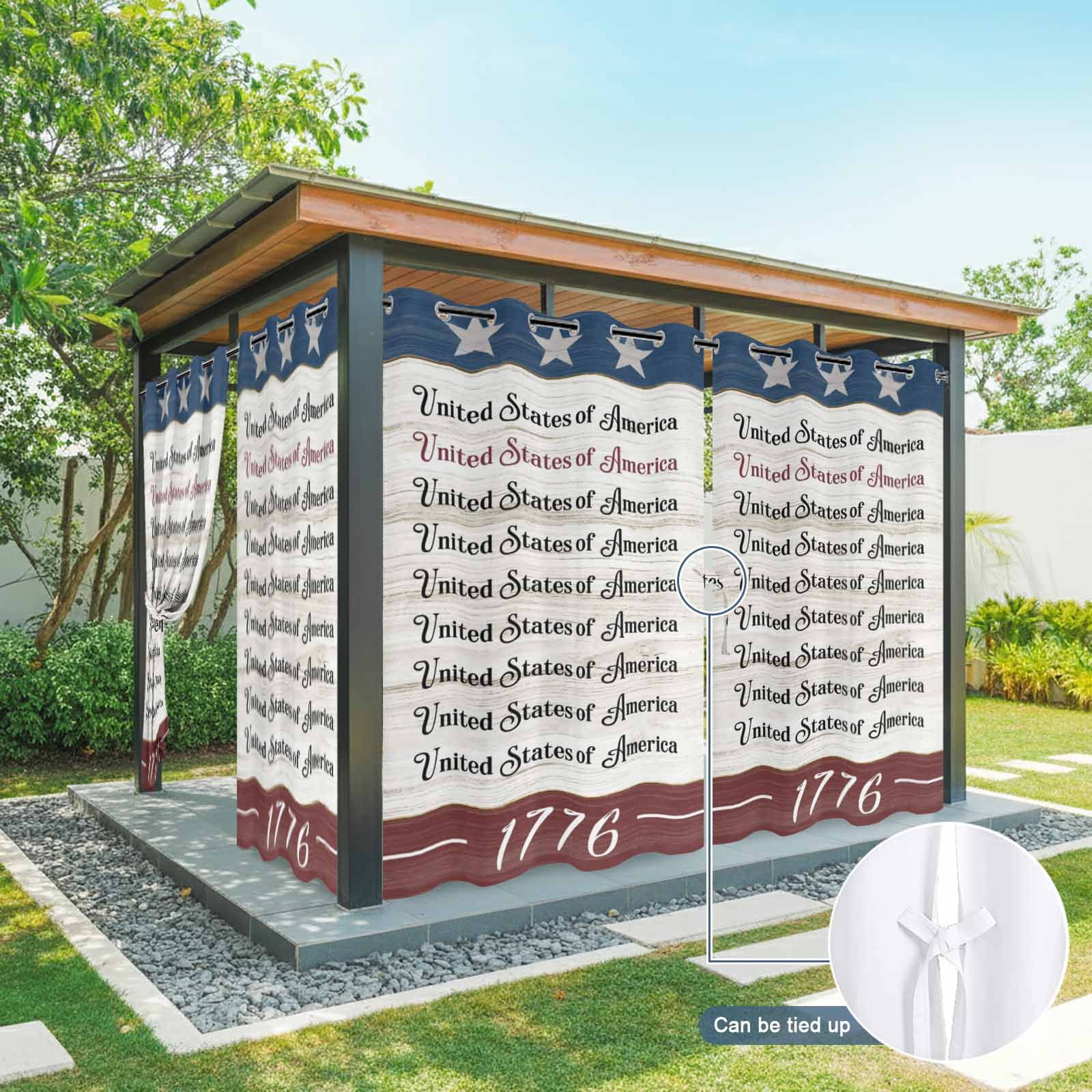 United States Outdoor Curtains for Patio, Red Blue Independence Day Stars Vintage Wood Grain Sunshade Privacy Drapes Grommet Waterproof Outside Curtains for Porch/Cabana/Balcony 54"x 108", 1 Panel