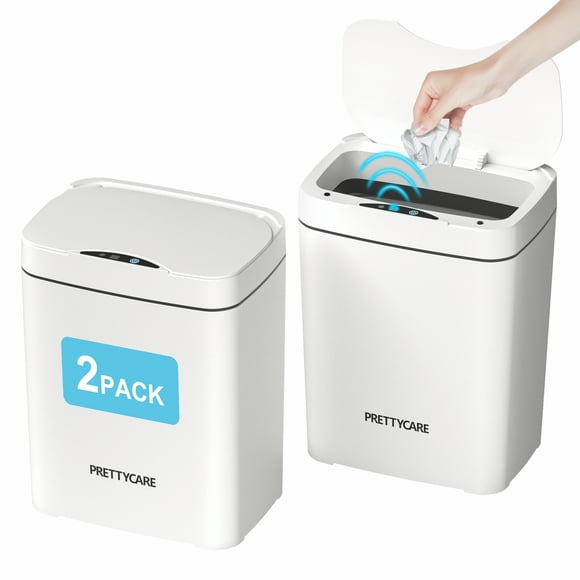 PrettyCare 2 Pcs Smart Automatic Touchless Trash Can with Lid,3.6 Gallon Slim Garbage Bin Waste Basket for Bathroom,Kitchen,Bedroom,Living Room,Office,White,GC01