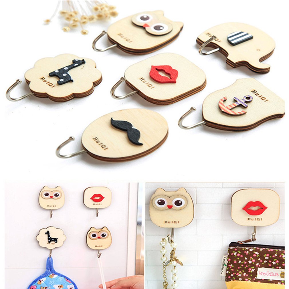 Creative Cute Cartoon Wooden Wall Hooks Multipurpose Self Adhesive Wall