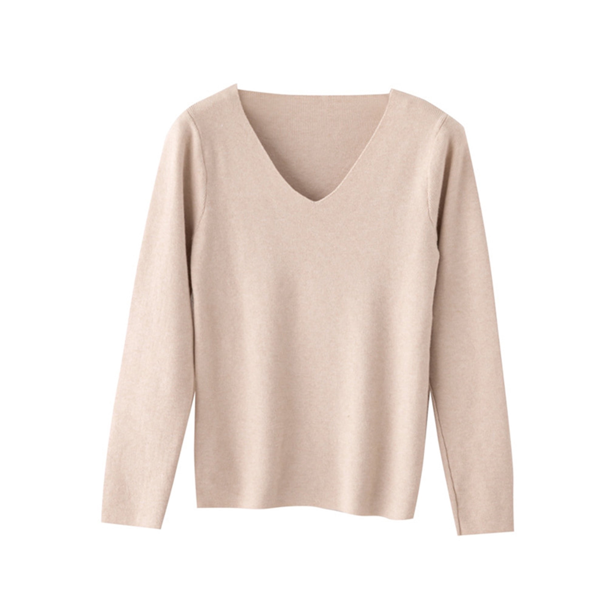 Eleluny Women V Neck Plain Sweater Long Sleeve Knit Jumper Pullover Tops  Oatmeal One Size - Walmart.com