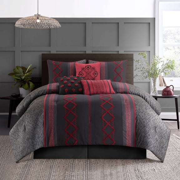 Nanshing Jamie 7 Piece Geometric Comforter Set, Black/Red, California King