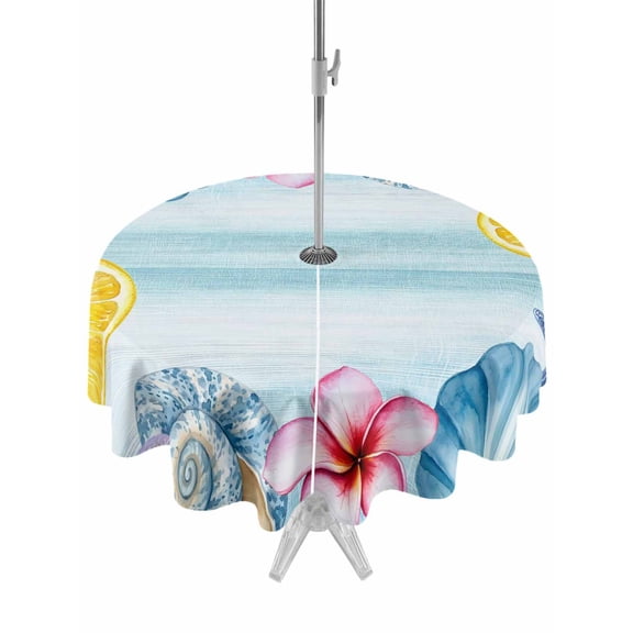 Outdoor Tablecloth with Umbrella Hole for Patio/Picnic/Party/Camping, Summer Coastal Waterproof Table Cloth Round Cover Washable, Ocean Starfish Shell Lemon Flowers Ombre Blue (Dia 54")