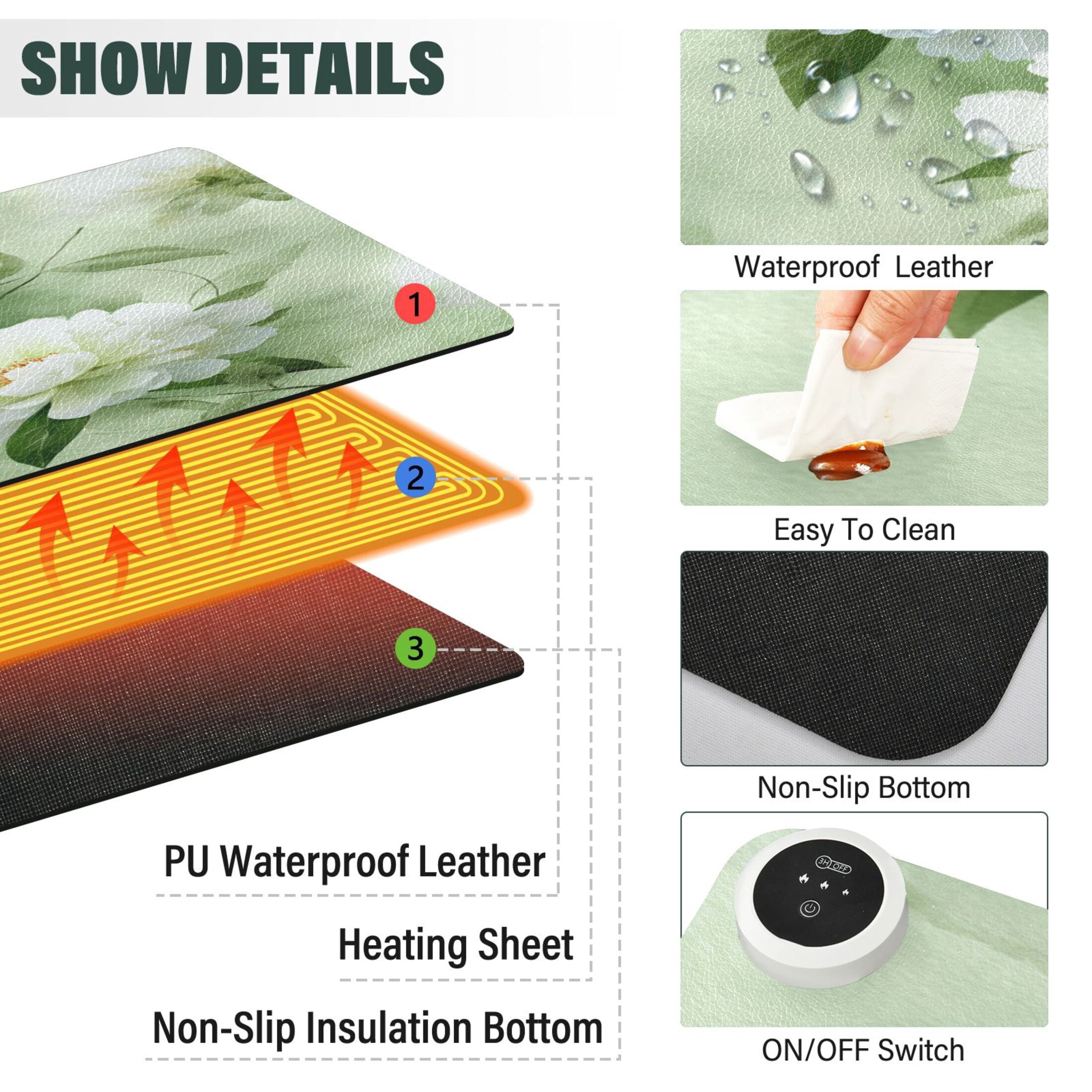 Large Heated Desk Mat Mouse Pad 31.5"x13"PU Leather Graphene Heating Desk Warmer with 3 Temperature Settings 110V US Plug Non-Slip Warm Pad for Home, Office, and Gaming Serene Mint Peony Blooms