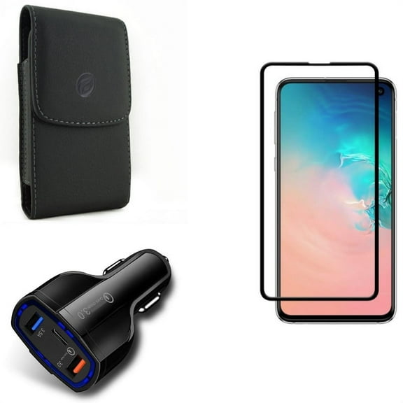 Galaxy S10e Quick Car Charger w Case Belt Clip w Screen Protector - 48W 3-Port USB Type-C Port, Leather Holster Cover, Tempered Glass 5D Curved Edge for Samsung Galaxy S10e Phone