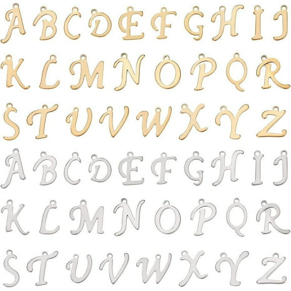 52pcs 2 Colors Stainless Steel Alphabet Charms Metal A-Z Letter Dangle Charms Hypoallergenic Pendants for DIY Jewelry Making Golden and Stainless Steel Color