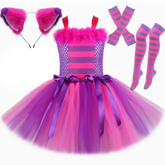 Duryarhall Pink Purple Striped Cat Costume With Cat Ears,Striped Socks Gloves for Girls Cosplay Dress up Accessory Set