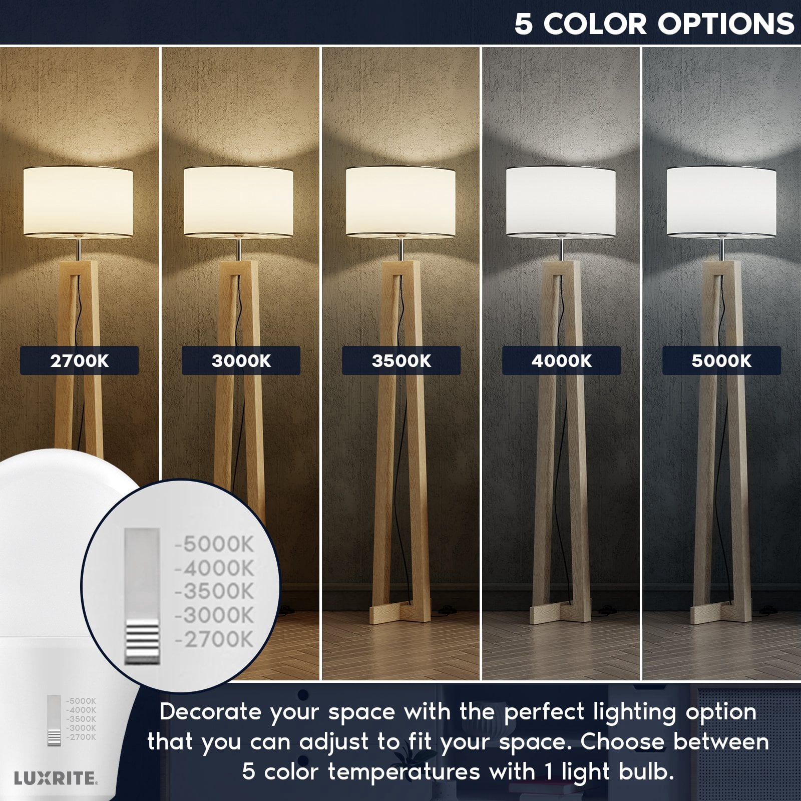 Luxrite A19 LED Light Bulb 15W=100W CRI90 5CCT 2700K-5000K Dimmable 1600 Lumens E26 Base Title CA20 ETL Listed 16 Pack