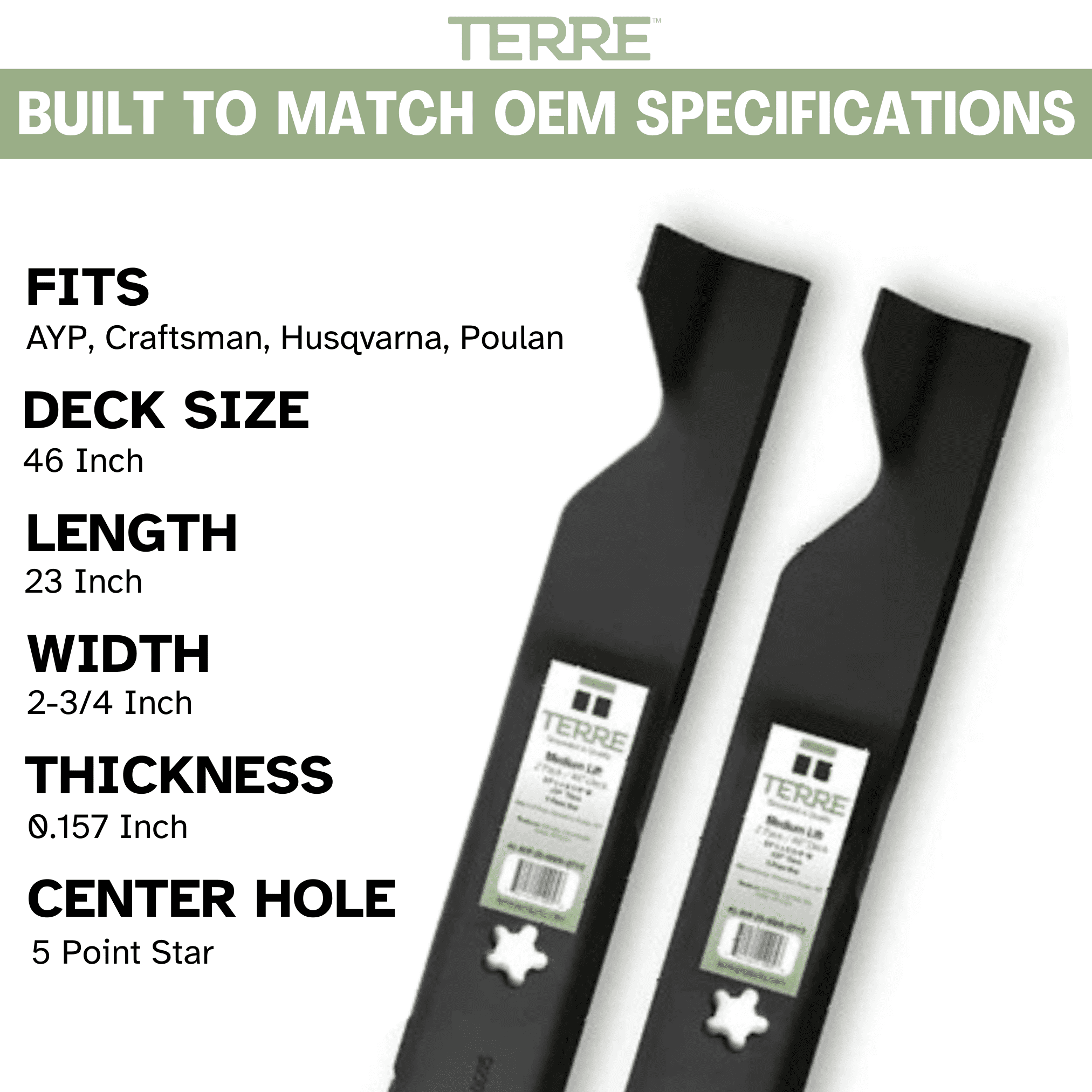 Terre Products 46-inch Mulching Lawn Mower Blades, 2-pack, for Craftsman, Husqvarna, Poulan, AYP