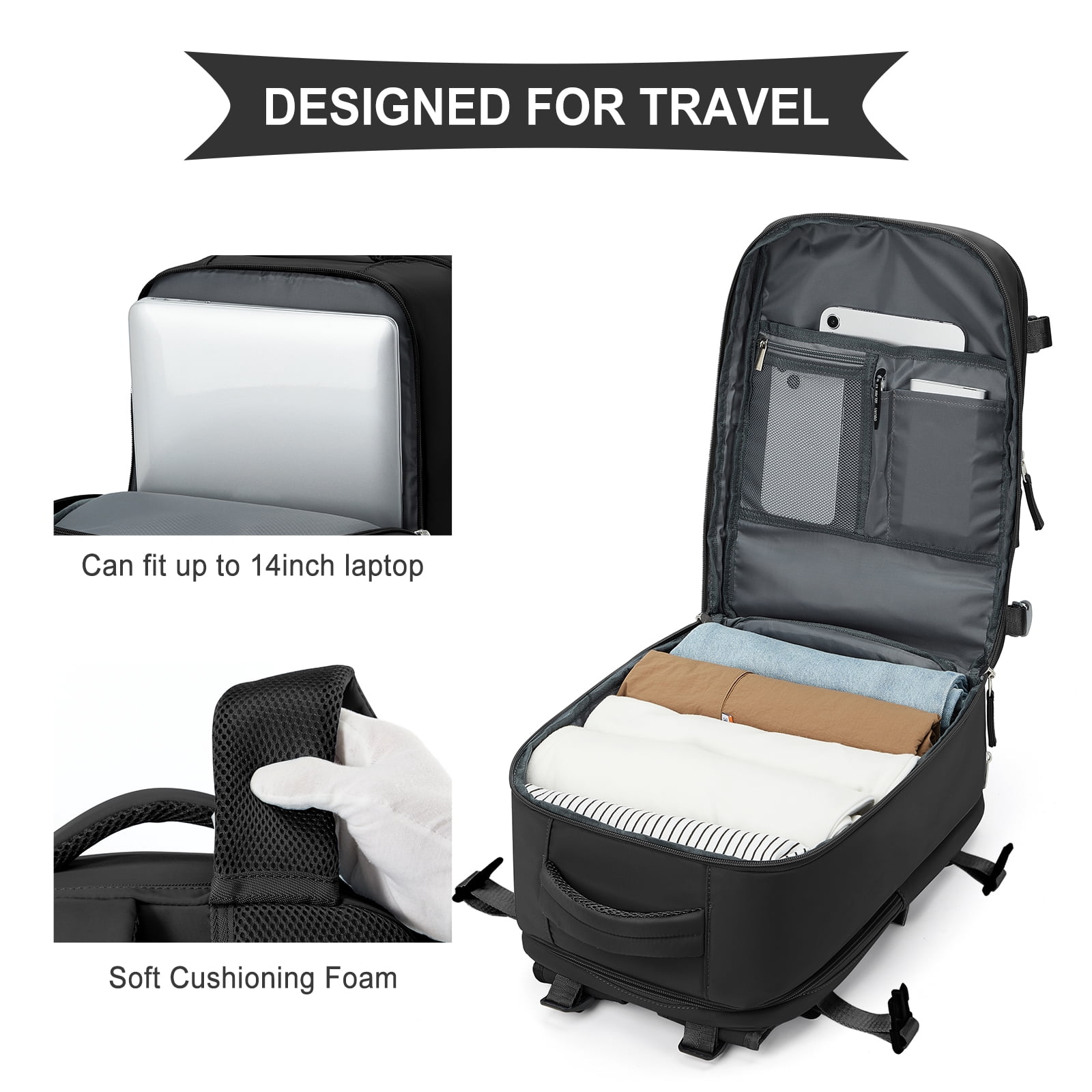 Large Travel Backpack for Women Men Airplane Approved, Carry on Backpack for Men Personal Item Travel Bag Carry on Flight, Waterproof Laptop Backpack Casual Daypack for Hiking with Shoes Compartment