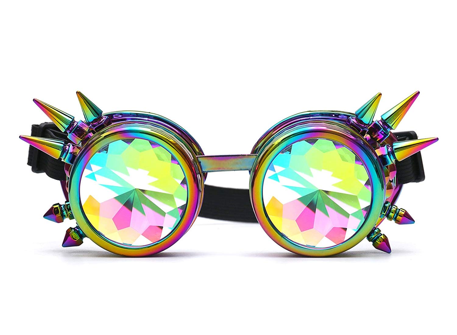 Glasses KING Vintage Steampunk Kaleidoscope Goggles Glasses with Rainbow Crystal Glass Lens Stripe Silver Frame