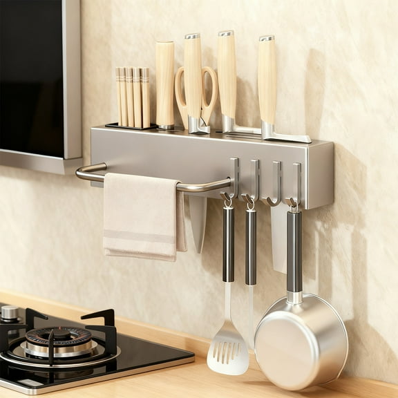 ZZkhGO Wall Mounted Knife Rack, No Drill Magnetic Kitchen Organizer, Multifunctional Knife Holder for Utensils and Chopsticks Storage