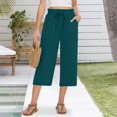 thumbnail image 2 of Lenpel Women's Capri Pants Ruffle Elastic High Waisted Drawstring Wide Leg Cropped Trousers Casual Summer Pants with Pockets, 2 of 7