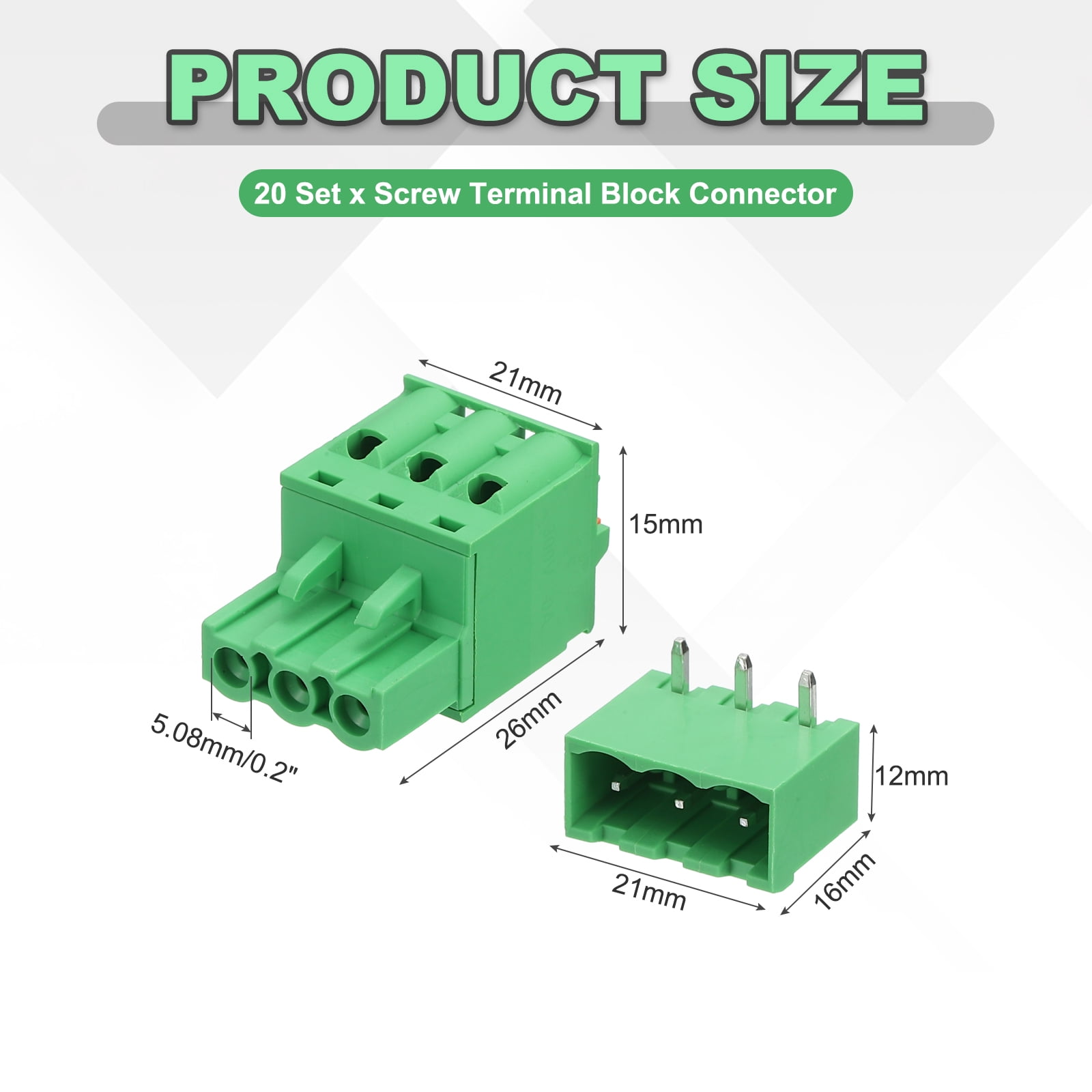 Uxcell 20 Set 3-Pin 5.08mm/0.2" Pitch PCB Mount Screw Terminal Green