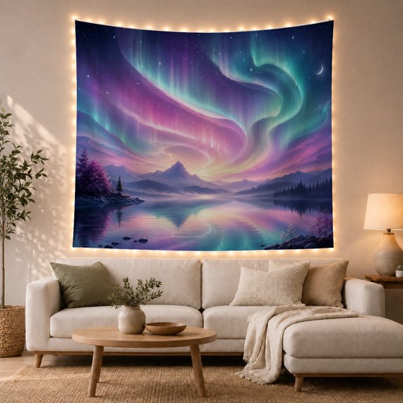 Aurora Sky Above a Frozen Mountain Lake, Dreamy Celestial Style for Nature Lovers, Landscape Wall Art, Housewarming Gift, Tapestry Wall Hanging for Bedroom and Dorm