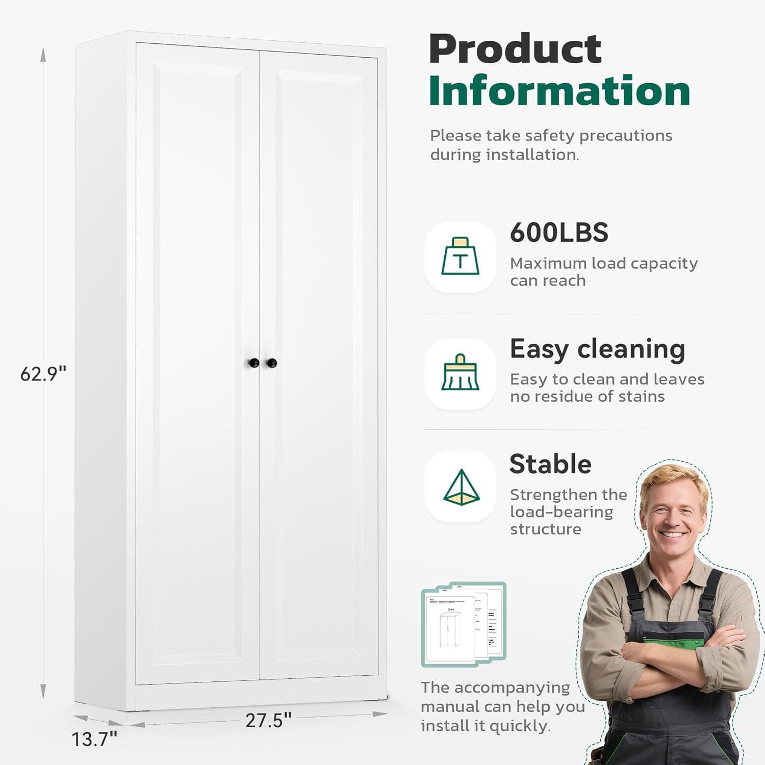 SOLAURA 63" H Modern Metal Kitchen Pantry Cabinet, Pantry Storage Cabinets with 4 Adjustable Shelves for Kitchen, Living Room, Bedroom, Dining Room, Home(White)