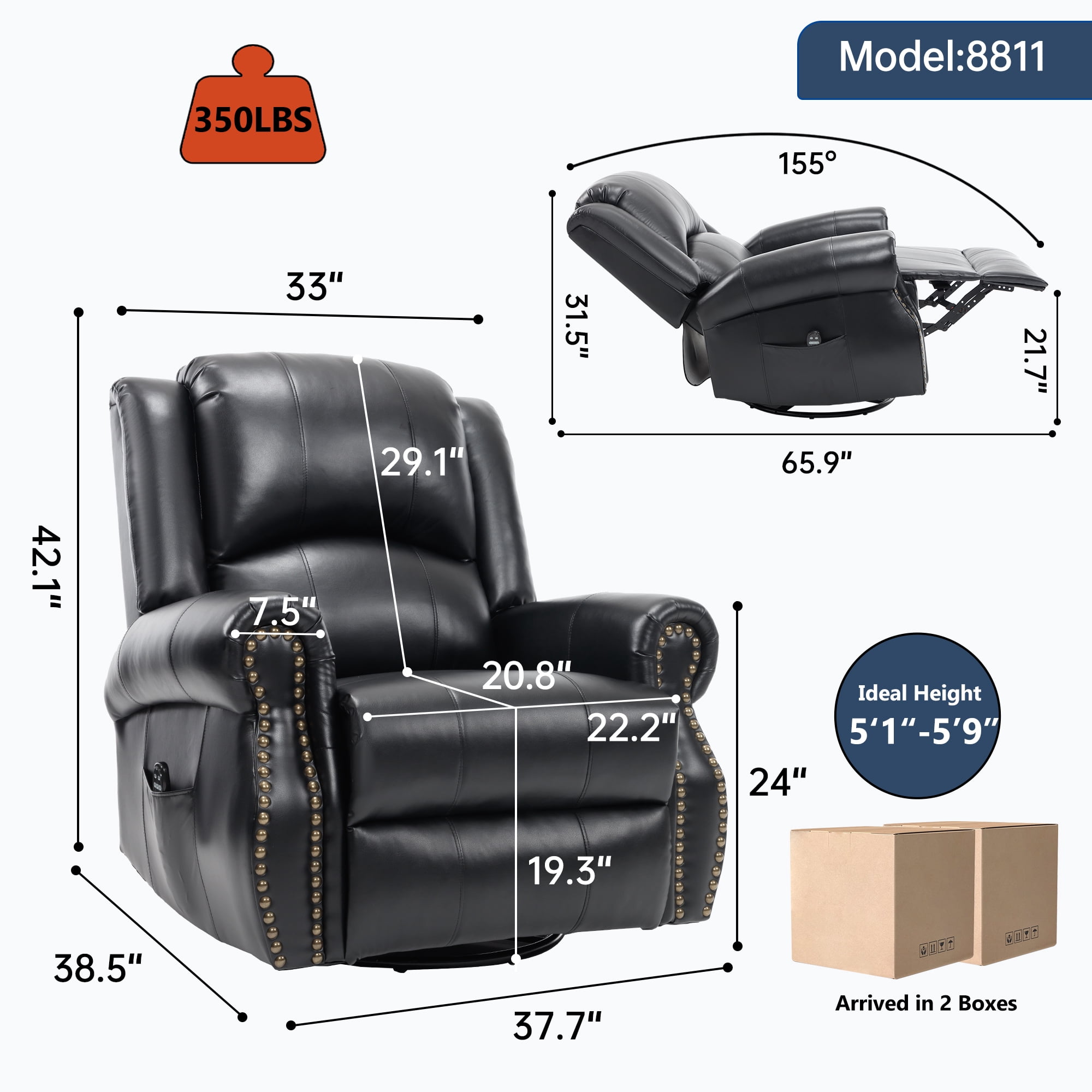 Leumius Oversized Swivel Recliner Chair for Adults,Swivel Rocker Recliner with Vibration Massage and Lumbar Heating for Living Room,Rivet Design,Black