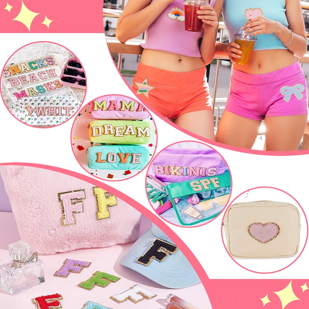 42pcs Chenille Patches Chenille Iron on Embroidered Patches Cute Self Adhesive Letter Patches Heart Patches Stick on Fabric Patches
