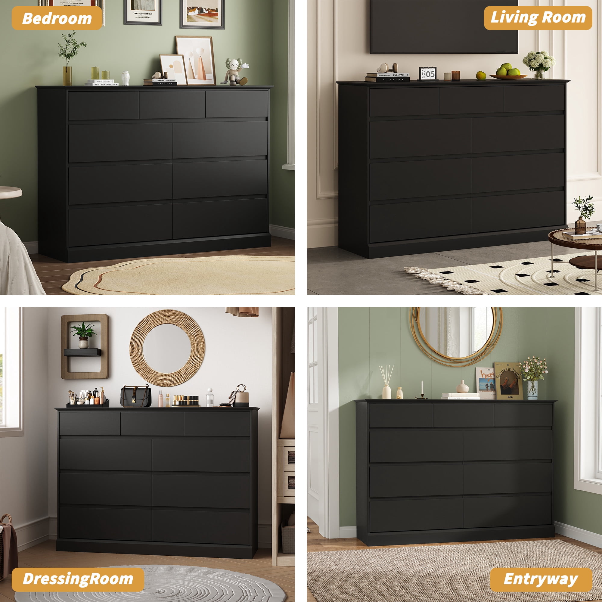 9 Drawer Dresser, Black Chest of Deep Drawers, Modern Dressers with Storage, Large Drawer Organizer for Bedroom, Living Room, Handless Design, Black