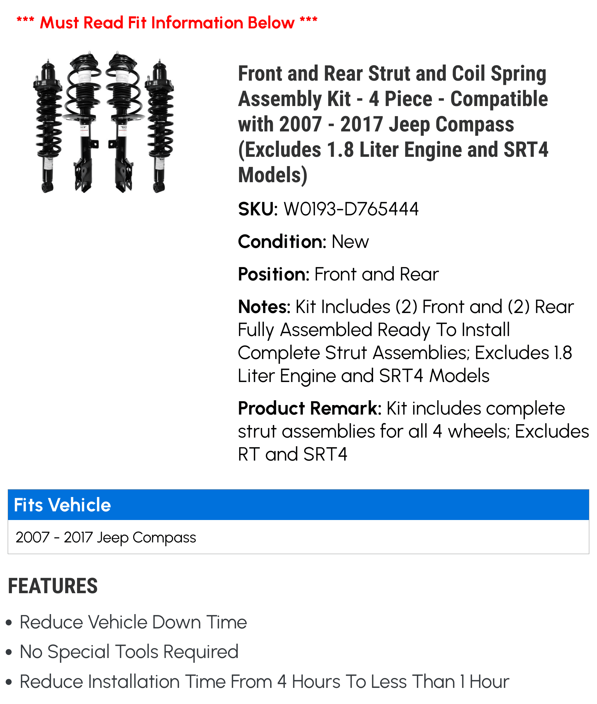 Front and Rear Strut and Coil Spring Assembly Kit - 4 Piece - Compatible with 2007 - 2017 Jeep Compass (Excludes 1.8 Liter Engine and S.R.T.4 Models) 2008 2010 2011 2012 2013 2014 2015 2016