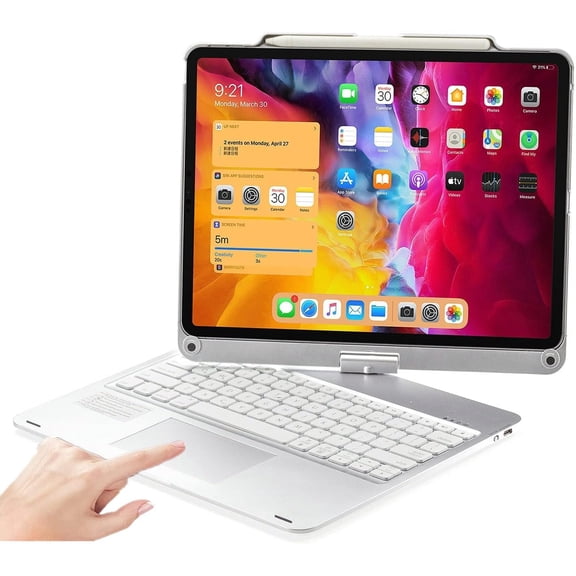 360 Rotating Smart Cover with Pencil Slot, Backlit Trackpad Keyboard Case Fit iPad Air 13 M2/M3/M4, iPad Pro 13 M4/M5 & iPad Pro 12.9 3–6 Gen, Silver