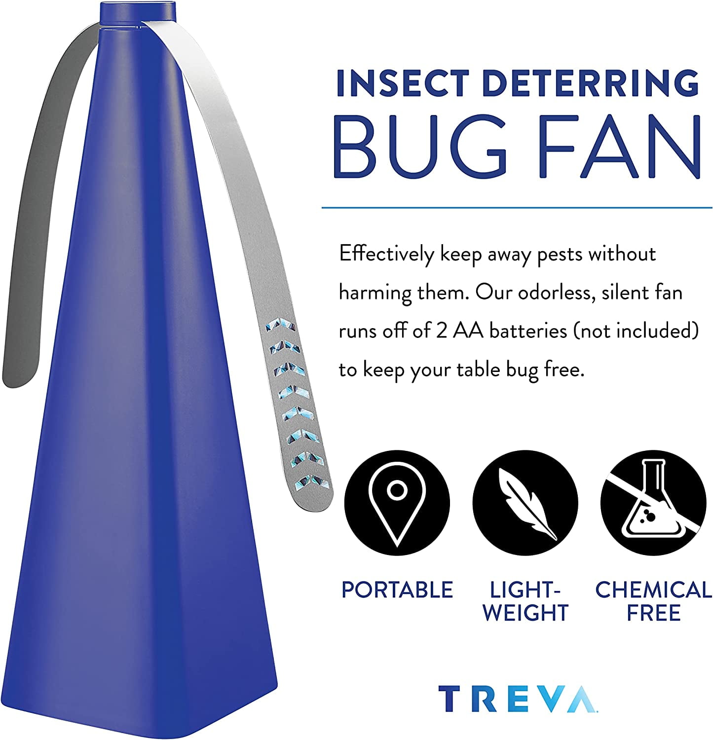 Treva Chemical Free Bug Fan Fly Deterrent with Holographic Blades to Clear Bugs, Mosquitoes, and Flies, Battery Powered Fly Fan - Dark Blue