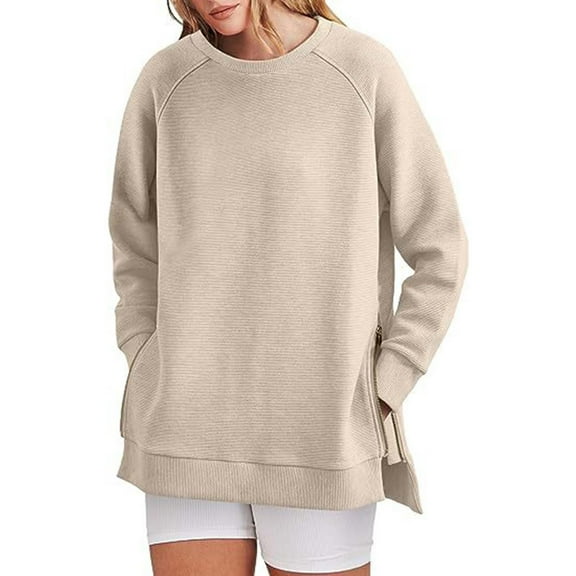 Women's Sweatshirts, Comdrip Crewneck Sweatshirts Women Cute Fleece Oversized Sweatshirt with Side Zippers Y2K Hoodie Fall Fashion Clothing Oversized Sweatshirt for Women Beige M