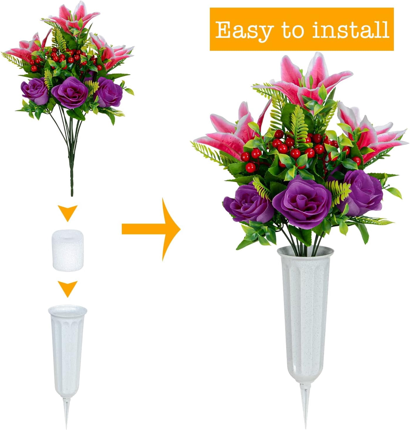 Artificial Cemetery Flowers for Grave, Set of 2 Artificial Memorial Flowers with Vase for Outdoor Cemetery Headstones Graveyard Gravestone Decoration (Red Lily&White Purple Peony)