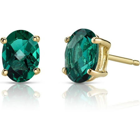 Oravo 1.50 Carat T.G.W. Oval-Shape Created Emerald 14kt Yellow Gold Stud Earrings