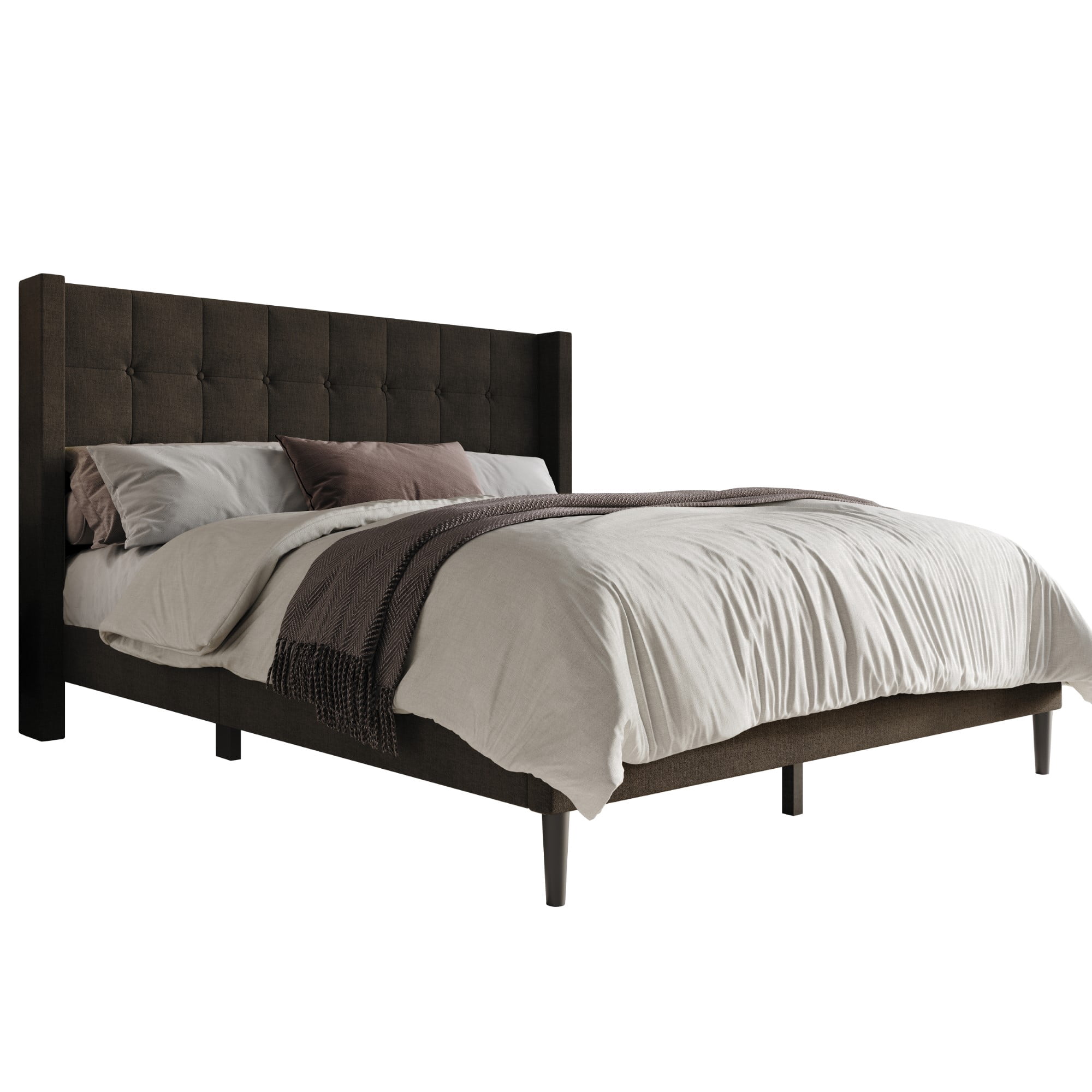 Home Design Danville Queen Tufted Upholstered Platform Bed with Wingback Headboard and Foam Cushion, Dark Brown, Easy Assembly