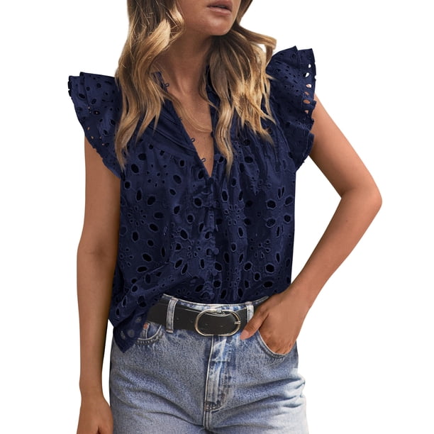 Camisa PRETTYGARDEN 2025 con Mangas Cortas con Volantes Azul Marino M
