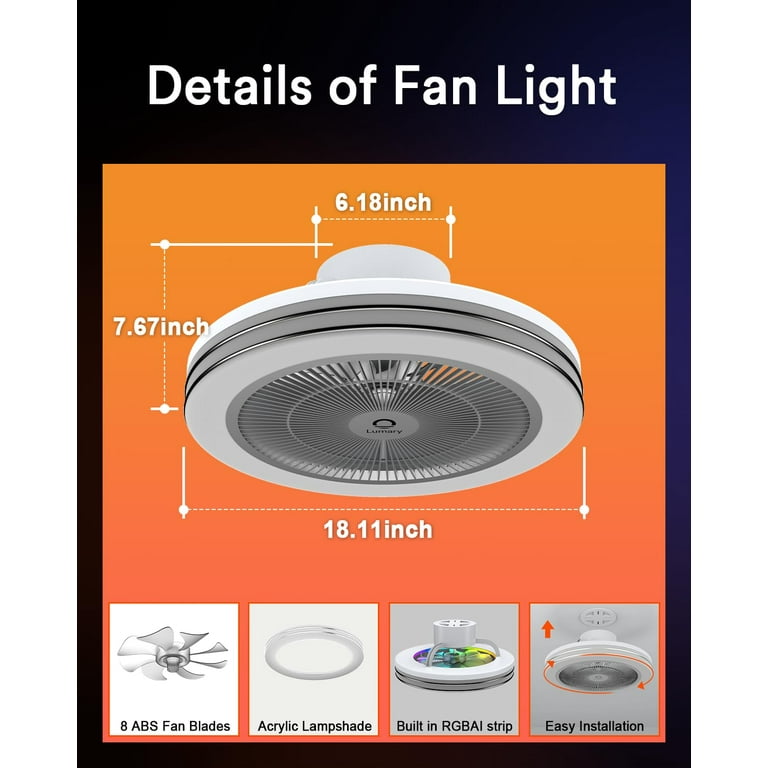 Lumary Smart WiFi & Bluetooth Ceiling Fan with RGBAI Light 35W 18 Inch 6  Speeds Reversible Low Profile Flush Mount Ceiling Fan Work with  Alexa/Google Assistant/Remote Control for Bedroom Living Room