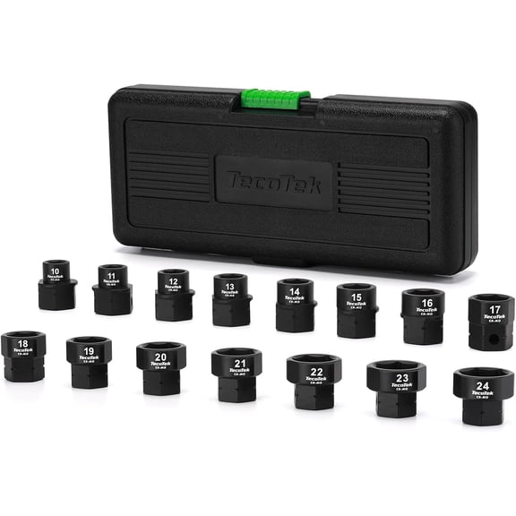 TecoTek 15-Piece 1/2-Inch Drive Metric Low Profile Impact Socket Set, Stubby Socket Set, 10mm-24mm, No Skips Sizes, 6 Point, Cr-Mo, Shorter Socket for Tight Areas