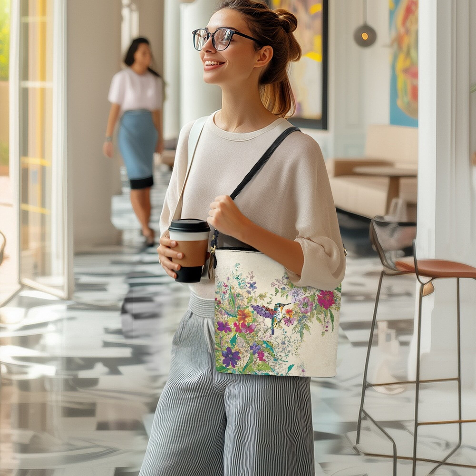 Kuiaobaty Hummingbird Flower Print Crossbody Bag for Women, Large Capacity Vegan Leather Shoulder Purse with Adjustable Strap, Casual Durable Bucket Tote Bag Handbag Crossbody for Travel
