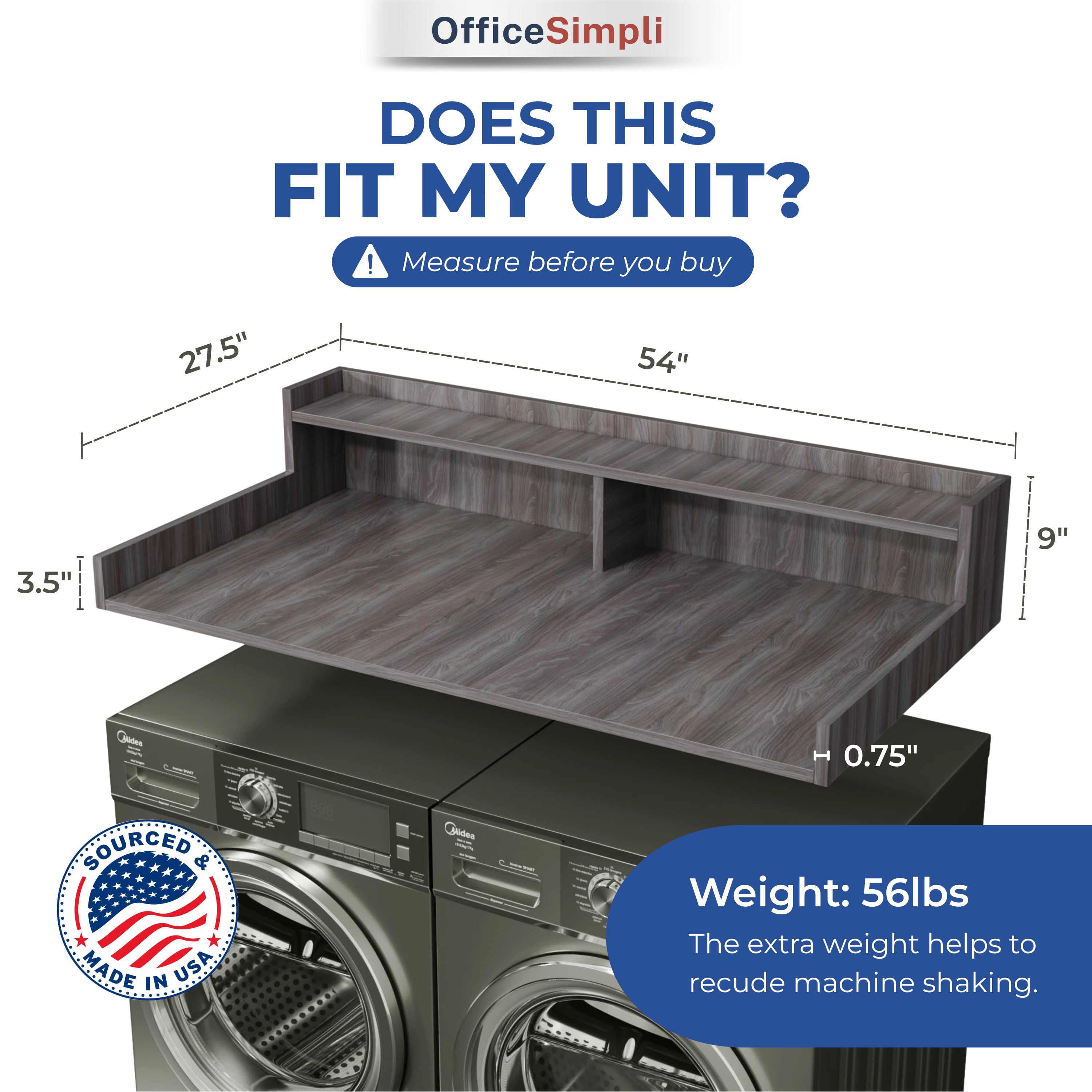 OfficeSimpli Washer Dryer Countertop with Shelf - 27.5 x 54 Inch - Made in USA Laundry Countertop Over Washer and Dryer with Non-Slip Pads, Storage Shelf, Laundry Topper Organizer, Iconic Maple