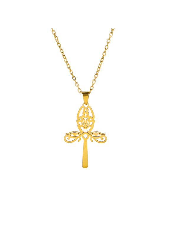 The All-Seeing Eye Scarab Cross Pendant Necklace Stainless Steel Jewelry Gift Gold