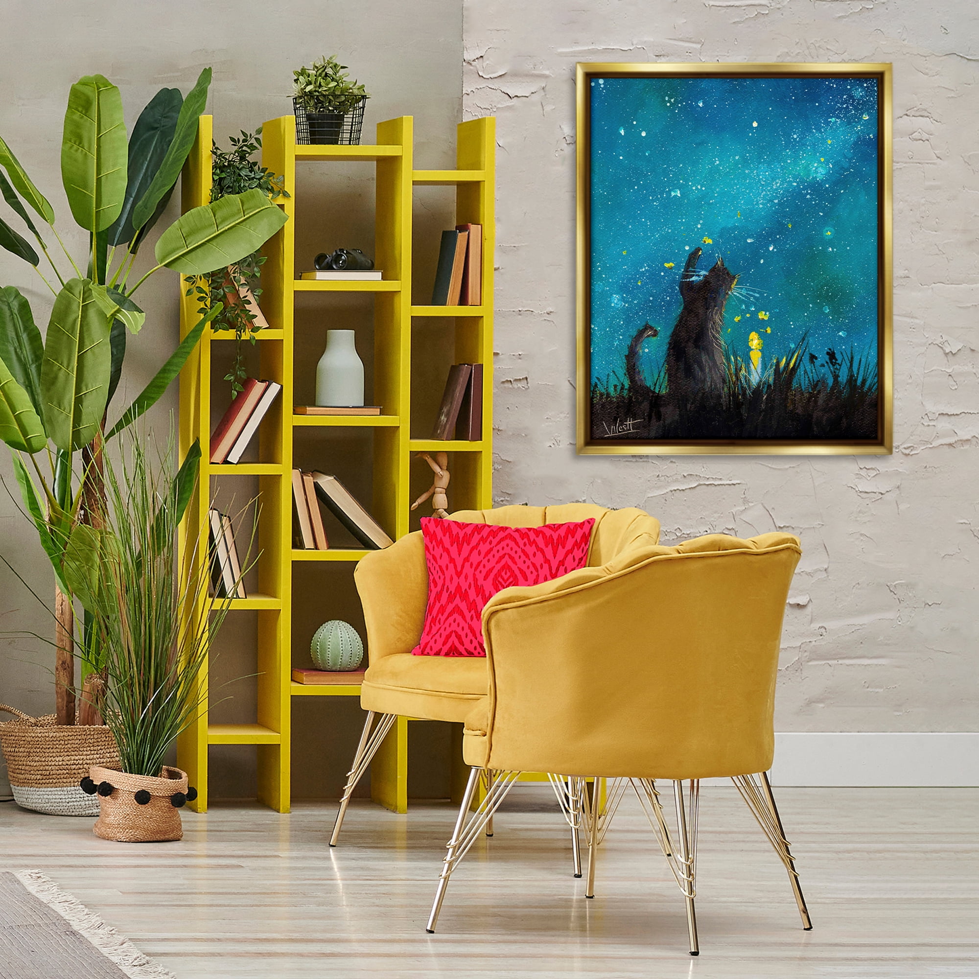 Stupell Industries Cat Playing Under Stars Astrology & Stars Painting Gold Floater Framed Canvas Art Print Wall Art, 25 x 31