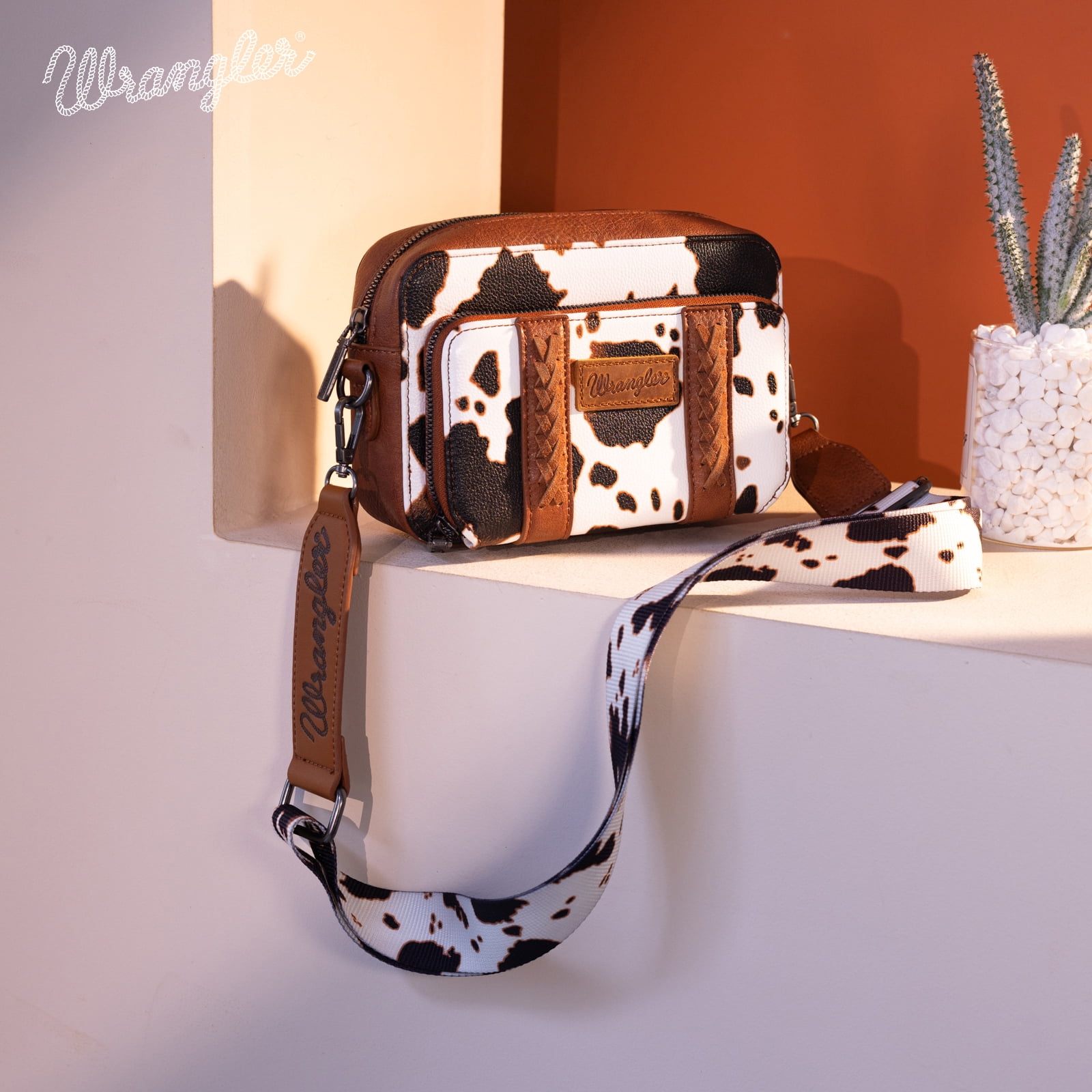 Wrangler Cow Print Crossbody Bag for Women Western Cowgirl Crossbody Purses with Guitar Strap, Brown