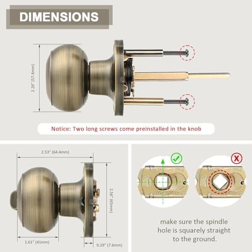 10 Pack Privacy Door Knobs Lock Interior Bedroom Bathroom Door Handle Antique Brass Round Ball Keyless Lockset