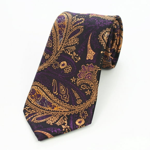 Men's 100% Silk Black Gold Purple Paisley Necktie, Turkey Made