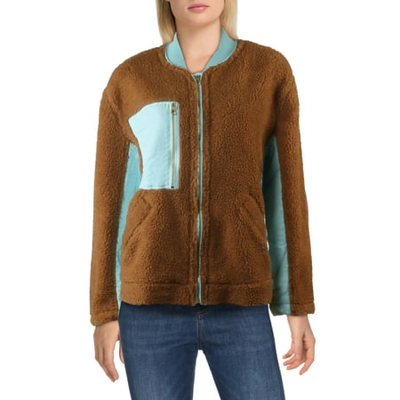 Free People Women's Faux Fur Pocketed Color Block Zip up Jacket Brown Size Small