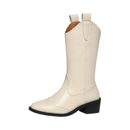 

Frontwalk Ladies Vintage Shoes Pointed Toe Western Boot Mid Heel Cowgirl Boots Outdoor Retro Womens Calf White 9