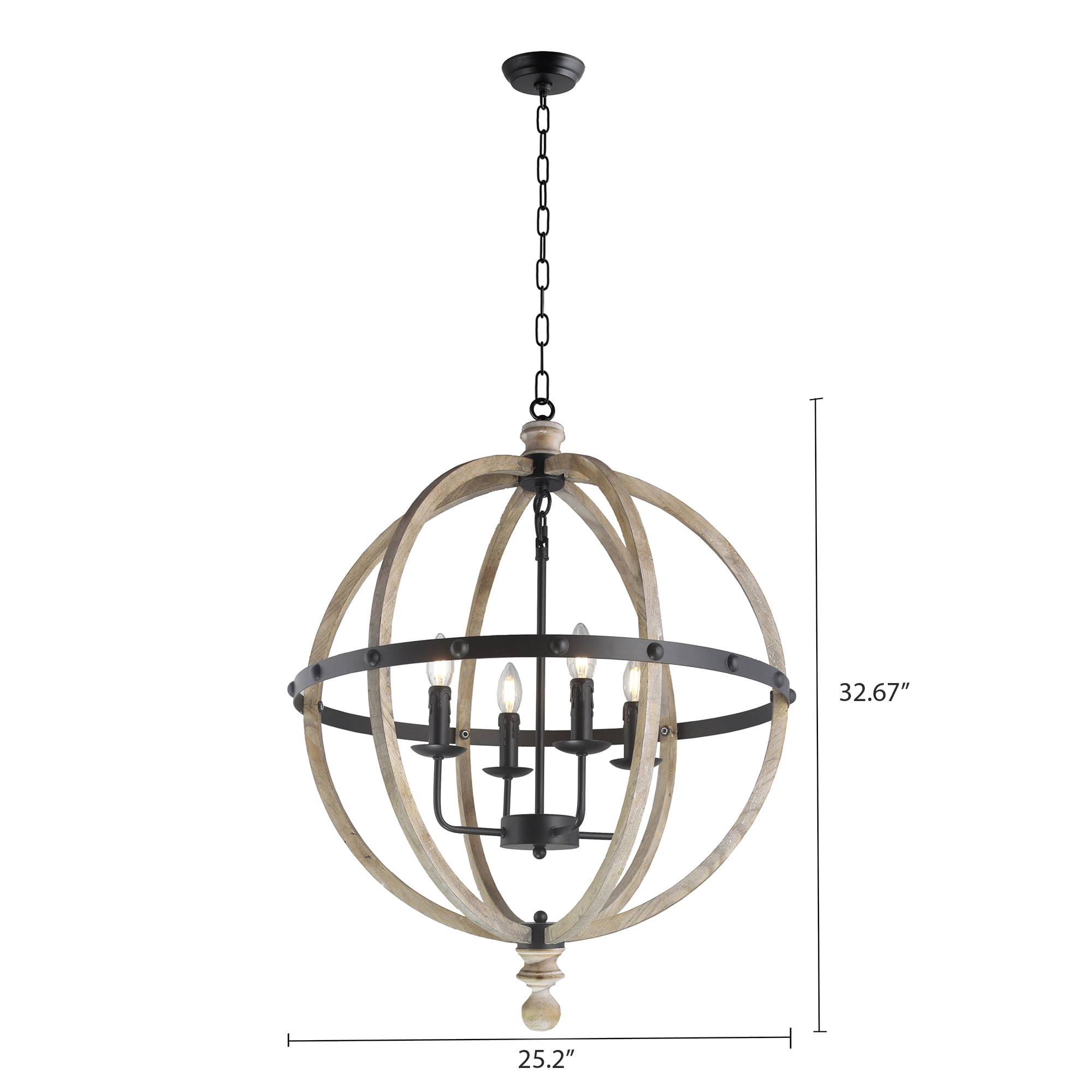 4 Light Globe Chandelier in Black Metal and Antique Wood finish