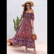 thumbnail image 4 of Vestido Informal, Fluido, con Estampado Floral Bohemio, Hombros Descubiertos, para Mujer (Verano 2025) Fondo Rojo XL, 4 of 9