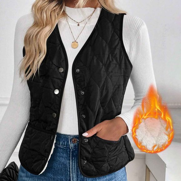 Nfurl Quilted Vests for Women Warm Fleece Lined Base Layer Vest Comfy Solid Color Button Sleeveless Jacketes Casual Outerwear Fall Fashion Black M
