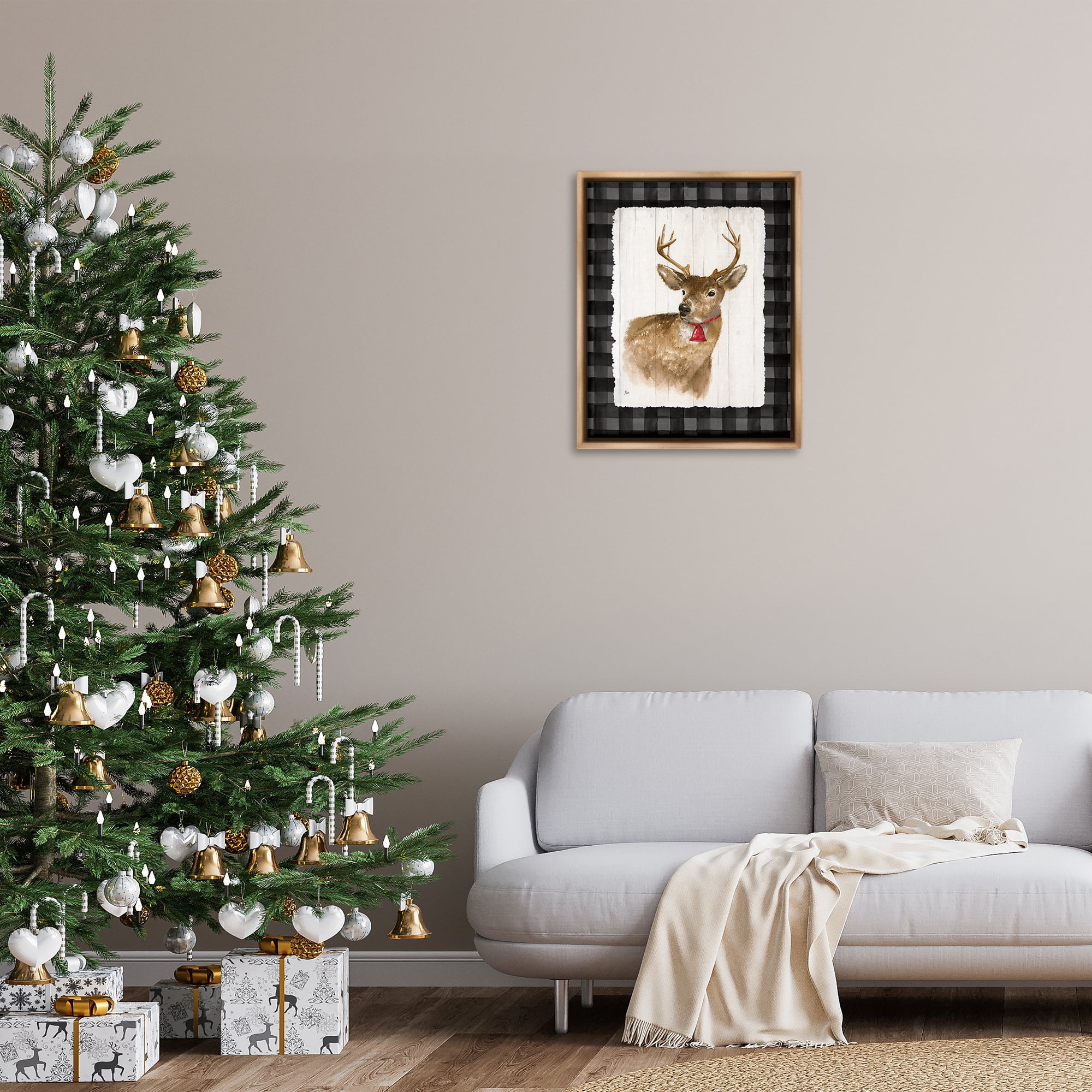Stupell Industries Deer with Red Bell Animals & Insects Painting Brown Floater Framed Canvas Art Prints Wall Art, 25 x 31