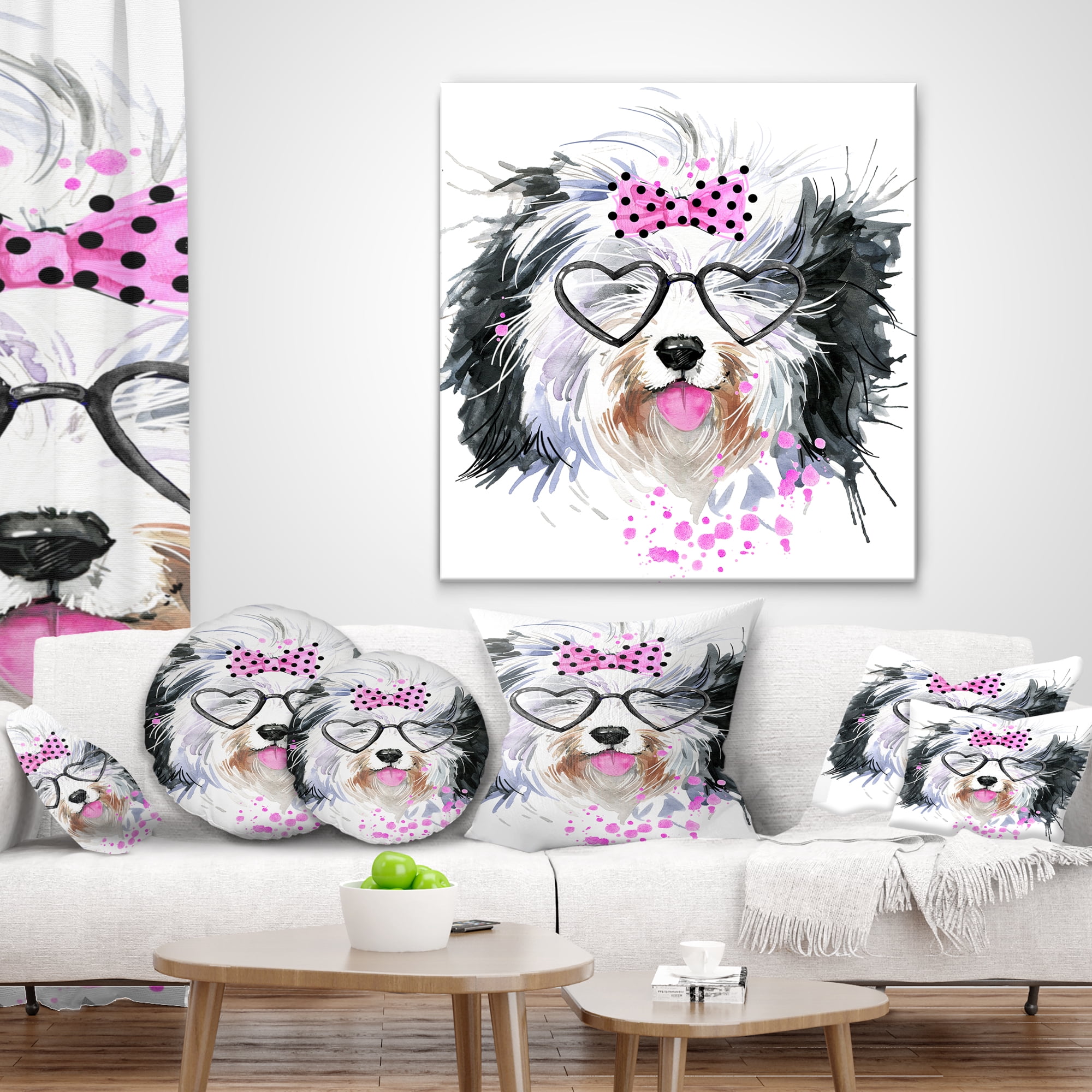 Designart Cute Dog with Heart Glasses - Contemporary Animal Throw Pillow - 16x16