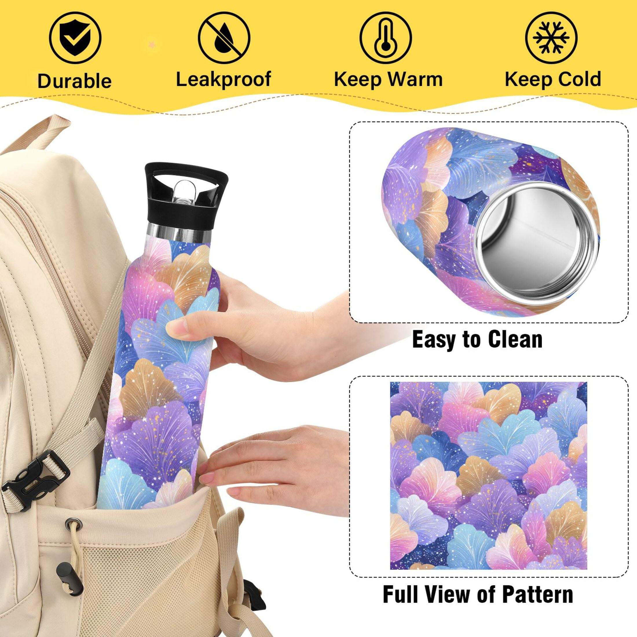 600ML Stainless Steel Insulated Cup Sports Water Bottle Portable Thermos Cup Water Glasses Insulated Tumblers Convenient and Durable Colorful Leaves